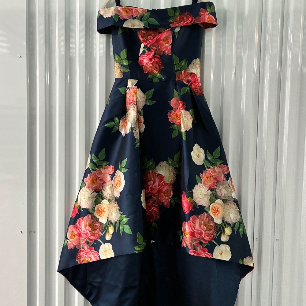 Floral Satin High Low Midnight Blue Dress, Pink Green Cream Flowers Off Shoulder